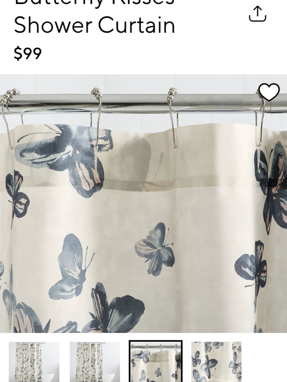 Pottery Barn Gray And Pink Butterfly Linen Shower Curtain - Picture 2 of 7